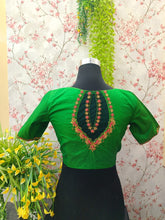 Parrot Green with net behind and golden and pink Embroidery blouse